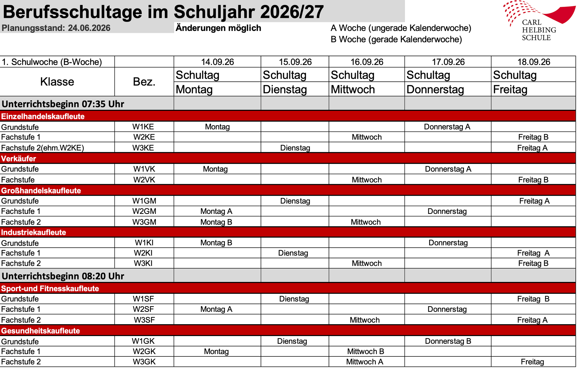 Berufsschultage der Carl-Helbing-Schule, Schuljahr 2026/27